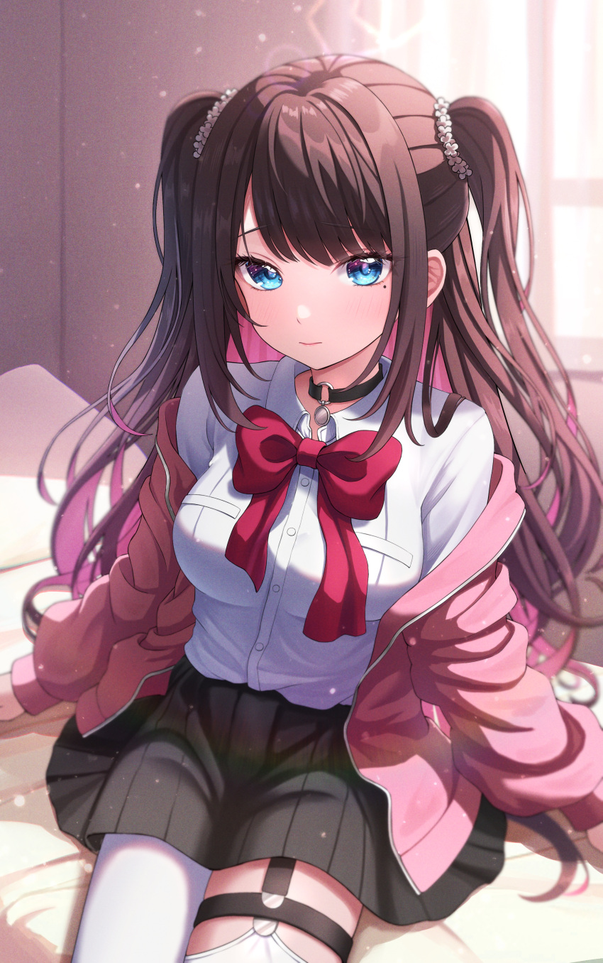 1girl absurdres black_skirt blue_eyes blush bow breasts brown_hair choker closed_mouth colored_inner_hair flower hair_flower hair_ornament harupuri913 highres indoors jacket kaga_nazuna long_hair looking_at_viewer medium_breasts mole mole_under_eye multicolored_hair on_bed pink_hair pink_jacket red_ribbon ribbon shirt sitting skirt solo sunlight thighhighs twintails two-tone_hair virtual_youtuber vspo! white_shirt white_thighhighs window