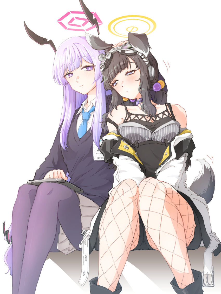 2girls absurdres animal_ears black_footwear black_hair black_sweater blue_archive blue_eyes blue_necktie blush breasts bright_pupils collar collarbone collared_shirt dog_ears dog_tail feet_out_of_frame floating_head hair_bobbles hair_ornament halo hariyaa headpat hibiki_(blue_archive) highres invisible_chair jacket leaning_on_person long_hair looking_at_another multiple_girls necktie off_shoulder pantyhose pleated_skirt purple_collar purple_eyes purple_hair purple_pantyhose shirt sidelocks simple_background sitting skirt smile sweater tablet_pc tail tail_wagging twintails utaha_(blue_archive) very_long_hair white_background white_jacket white_shirt white_skirt