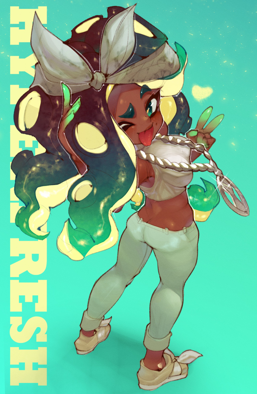 1girl absurdres ass black_hair blue_pants bow bow_hairband breasts butt_crack colored_tips commentary dark-skinned_female dark_skin full_body glint green_eyes green_hair hair_bow hairband heart highres jewelry long_hair marina_(splatoon) mole mole_under_mouth multicolored_hair necklace octoling one_eye_closed onimiere pants red_pupils solo splatoon_(series) standing tentacle_hair thick_eyebrows tongue tongue_out two-tone_hair v white_bow white_hairband