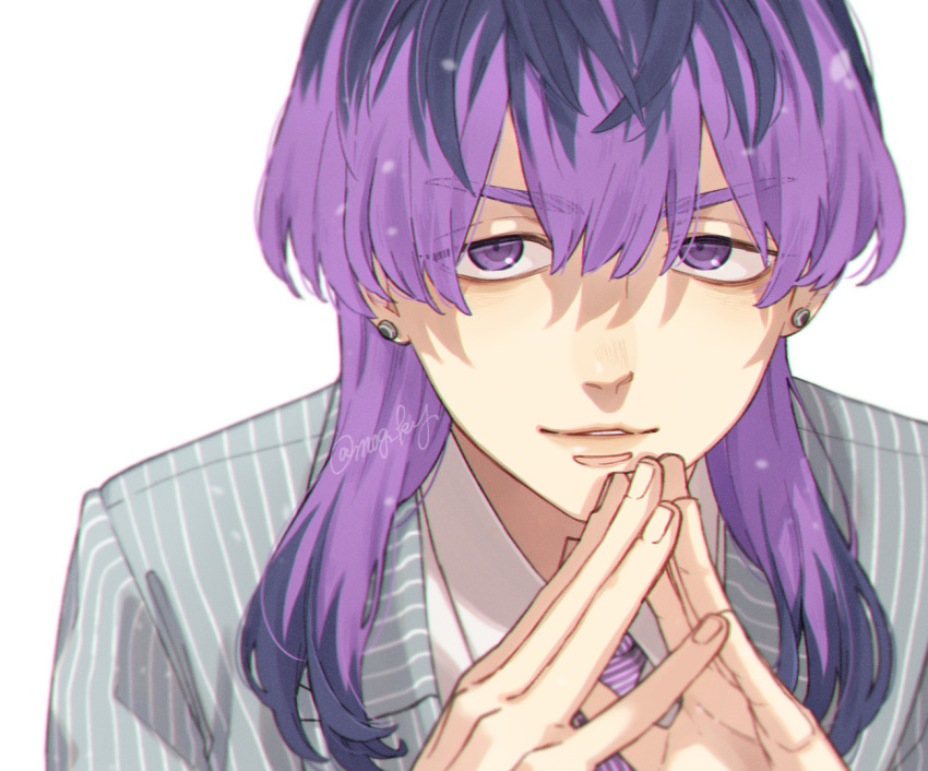 1boy blue_suit close-up collared_shirt ear_piercing haitani_rindou leaning_forward light_blue_jacket light_smile looking_at_viewer male_focus medium_hair mog_ky multicolored_hair necktie own_hands_together parted_lips piercing portrait purple_eyes purple_hair purple_necktie shirt simple_background solo striped_clothes suit tokyo_revengers twitter_username two-tone_hair white_shirt wolf_cut