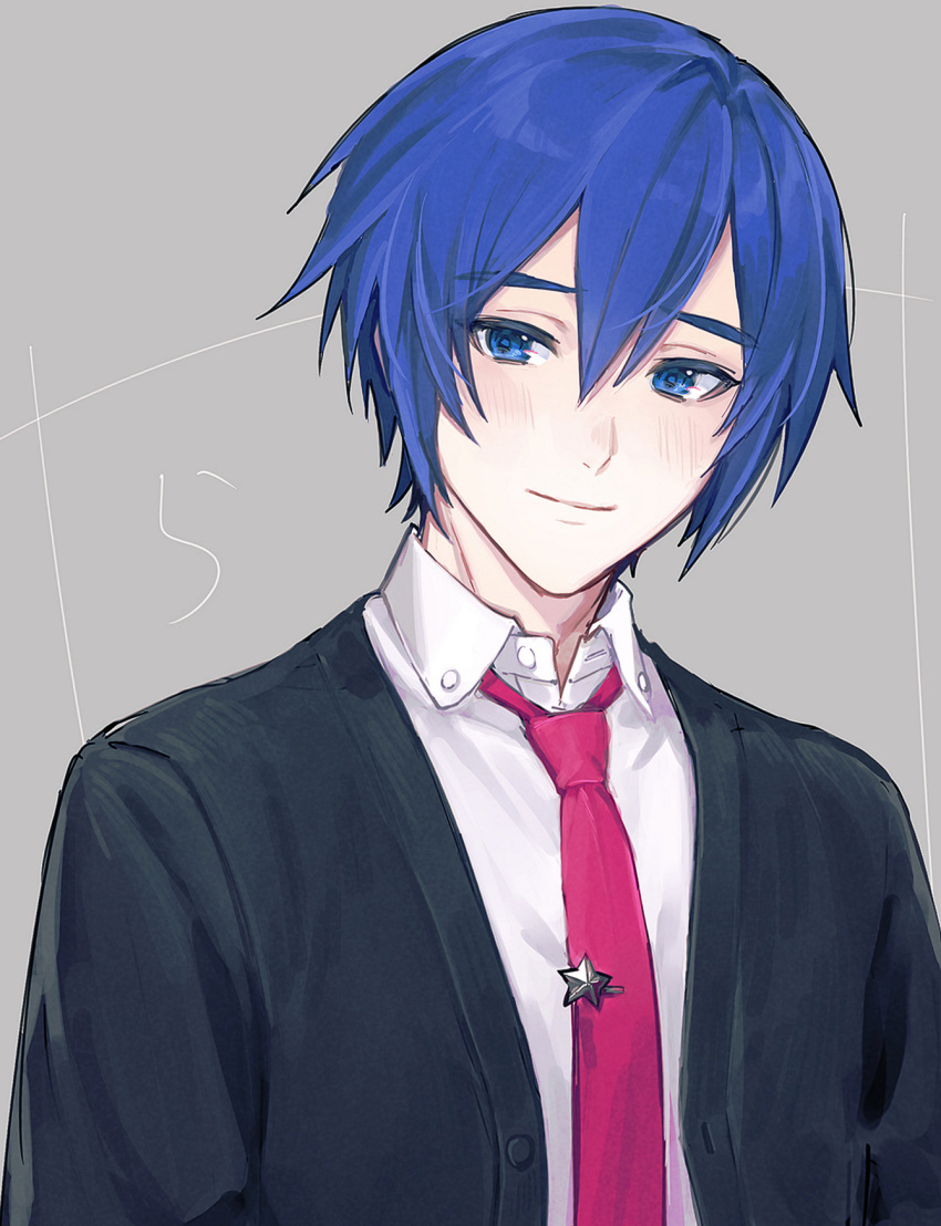 1boy blue_eyes blue_hair blush buttons closed_mouth dark_blue_hair grey_background hair_between_eyes highres jacket kaito_(vocaloid) leo/need_(project_sekai) leo/need_kaito male_focus necktie pink_necktie project_sekai ra_okiba sailor_collar shirt short_hair simple_background smile solo star_(symbol) tie_clip upper_body vocaloid white_shirt