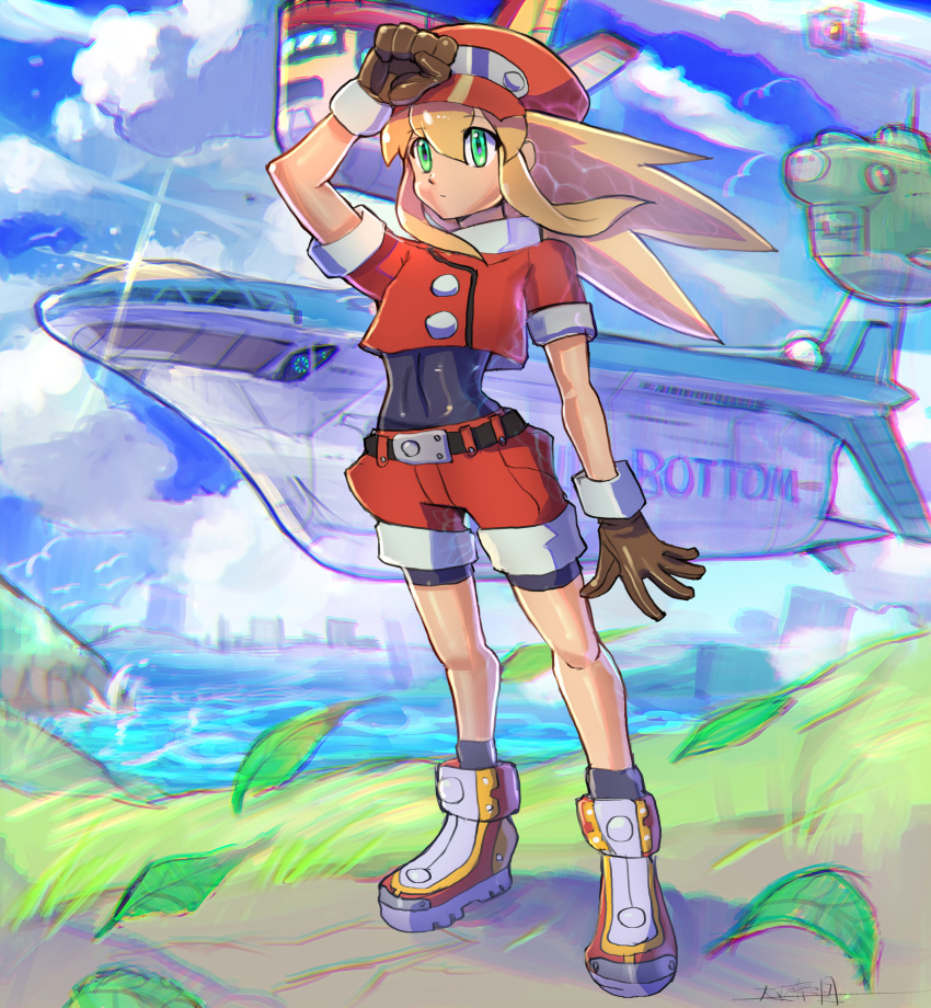 1girl aircraft black_bodysuit blonde_hair blurry blurry_background bodysuit bodysuit_under_clothes boots brown_gloves cabbie_hat cloud cropped_jacket gloves green_eyes hand_on_headwear hand_on_own_head hat highres jacket leaf medium_hair mega_man_(series) mega_man_legends_(series) oomasa_teikoku red_hat red_jacket red_shorts roll_caskett_(mega_man) short_sleeves shorts sidelocks sleeves_rolled_up solo water yellow_footwear