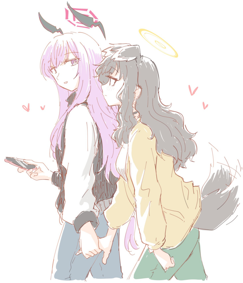 2girls animal_ears black_hair blue_archive blue_eyes blush cellphone choker denim dog_ears dog_tail extra_ears floating_headgear green_panties halo hariyaa headgear heart hibiki_(blue_archive) highres holding holding_hands holding_phone jacket jeans letterman_jacket long_hair long_sleeves looking_at_another multiple_girls panties pants phone pink_eyes pink_hair shirt side_ponytail sidelocks smartphone smile tail tail_wagging underwear utaha_(blue_archive) white_background yellow_shirt yuri