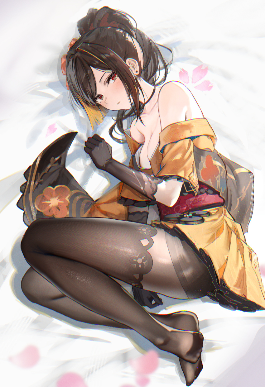 1girl absurdres asymmetrical_sidelocks bare_shoulders bed_sheet black_choker black_gloves black_hair black_pantyhose breasts chiori_(genshin_impact) choker cleavage collarbone commentary drill_hair drill_ponytail elbow_gloves gaiters genshin_impact gloves hidulume highres japanese_clothes kimono looking_at_viewer lying medium_breasts multicolored_hair off_shoulder on_bed on_side orange_hair pantyhose red_eyes red_sash sash short_kimono side_ponytail soles solo streaked_hair thighhigh_gaiters thighhighs thighhighs_over_pantyhose yellow_kimono