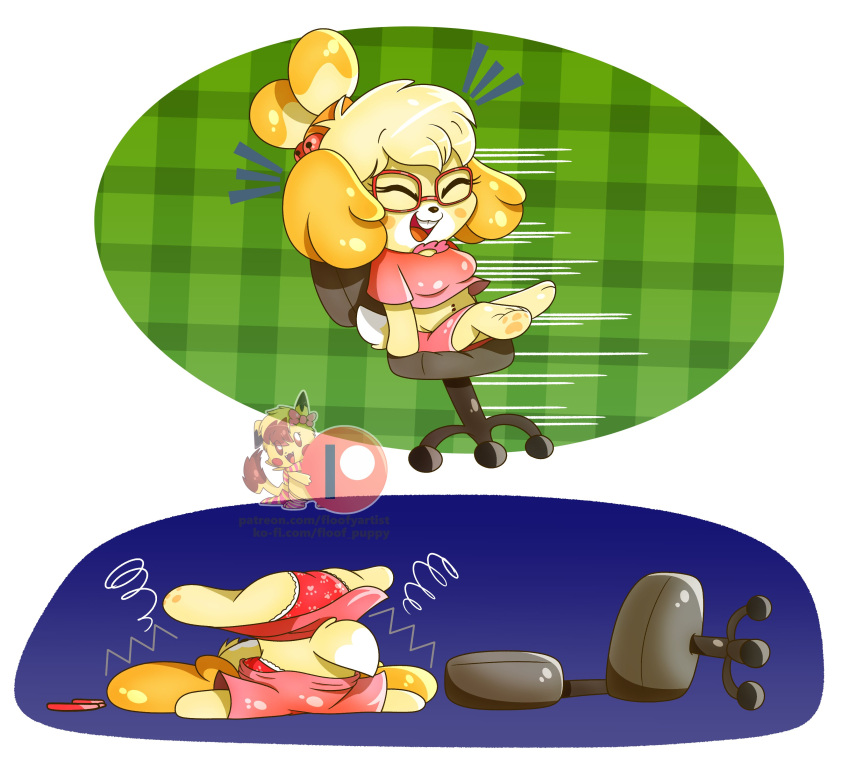 absurd_res animal_crossing anthro blonde_hair breasts canid canine chair clothing eyes_closed eyewear female floofy_chu floppy_ears furniture glasses hair happy hi_res isabelle_(animal_crossing) mammal motion_lines nintendo open_mouth open_smile panties smile solo underwear