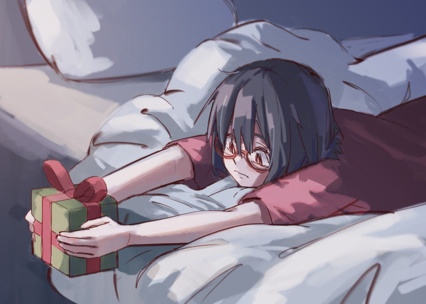 1girl black_hair box closed_mouth commentary egakuning english_commentary gift gift_box glasses highres holding holding_gift indoors kamikoshi_sorawo lying on_bed on_stomach pillow red_shirt shirt short_hair short_sleeves solo urasekai_picnic