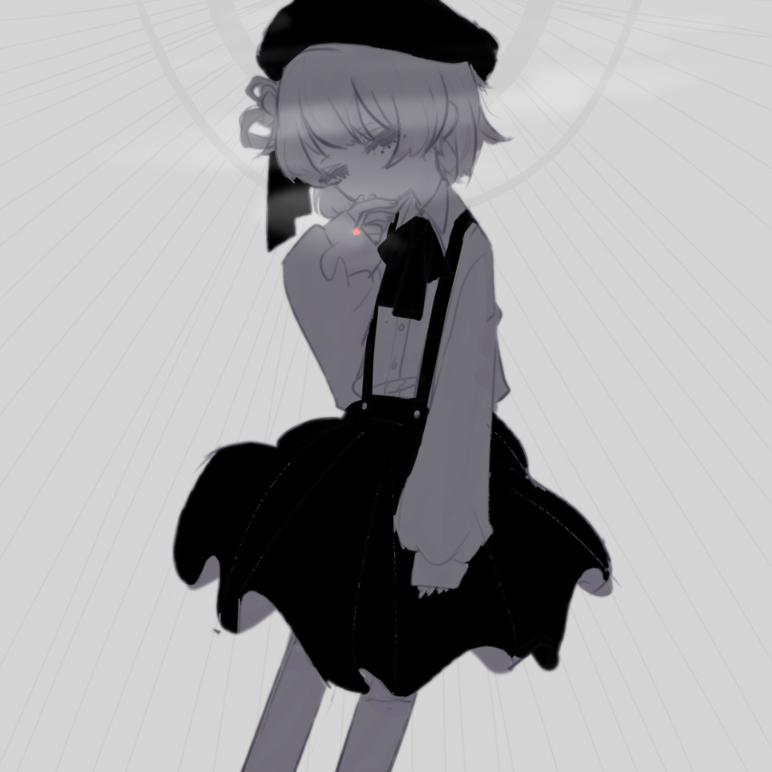 1girl aie beret between_fingers cigarette collared_shirt dress_shirt expressionless feet_out_of_frame greyscale hair_ribbon hair_rings half-closed_eyes halo_behind_head hat hatoba_tsugu highres holding holding_cigarette long_sleeves looking_at_viewer mole mole_under_eye monochrome neck_ribbon ribbon shirt shirt_tucked_in short_hair skirt sleeves_past_wrists smoke smoking solo spot_color standing suspender_skirt suspenders third-party_source tsugu_(vtuber) virtual_youtuber