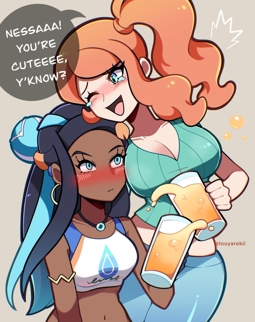 2girls alcohol aqua_eyes aqua_shirt armlet artist_name bare_arms bare_shoulders black_hair blue_eyes blue_eyeshadow blue_hair blush breasts cleavage collarbone crop_top cup dark-skinned_female dark_skin drinking_glass drunk earrings eyeshadow eyewear_on_head hair_bun hair_ornament heart heart_hair_ornament highres holding holding_cup hoop_earrings jewelry large_breasts long_hair makeup medium_breasts midriff multicolored_hair multiple_girls necklace nessa_(pokemon) no_coat one_eye_closed orange_hair parted_hair pokemon pokemon_swsh ribbed_shirt shirt side_ponytail single_hair_bun sleeveless sonia_(pokemon) streaked_hair touyarokii two-tone_hair v-neck