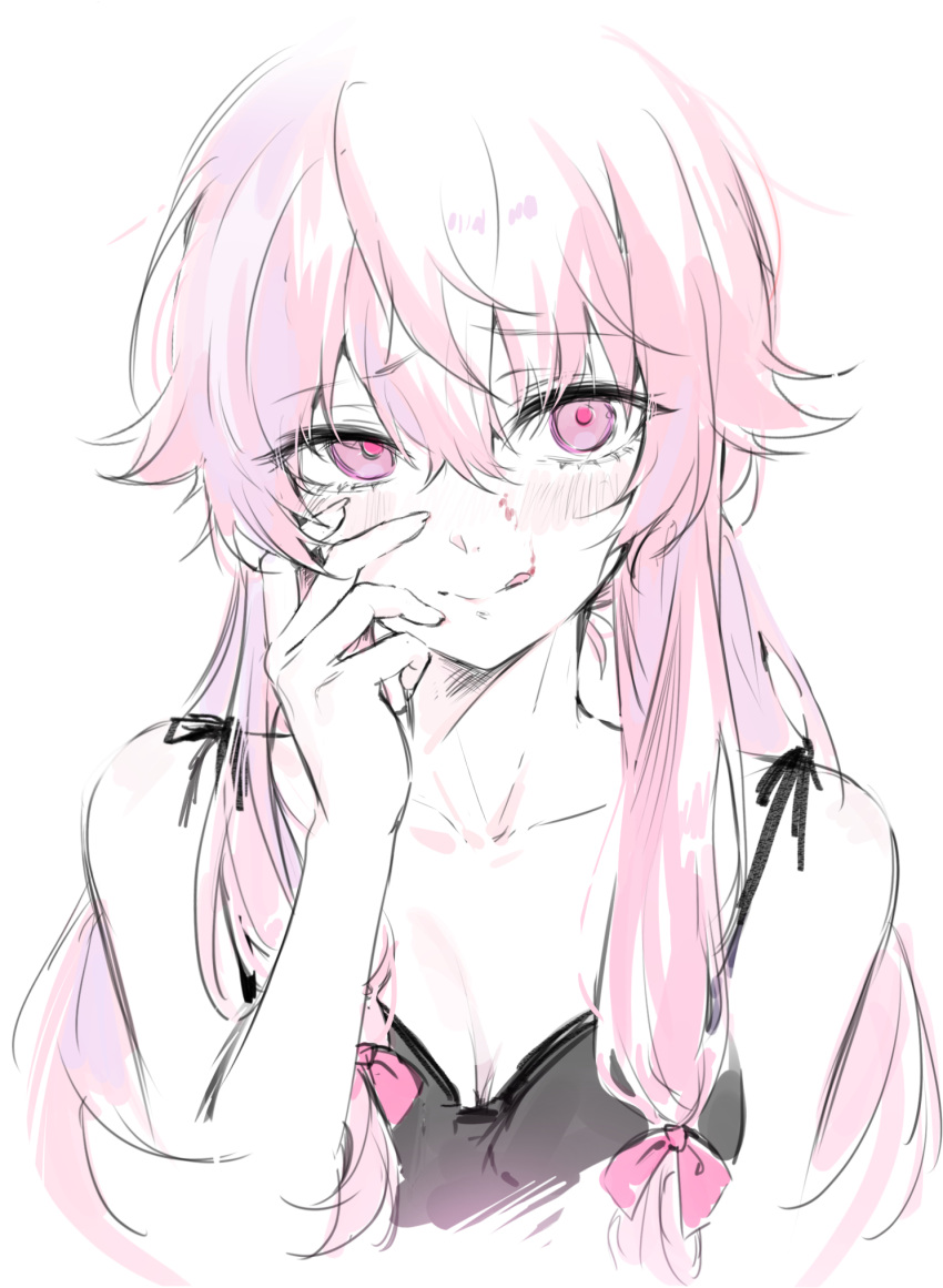 1girl :q bare_arms bare_shoulders blush bow breasts collarbone gasai_yuno hair_between_eyes hair_bow hand_up highres long_hair mirai_nikki pink_bow pink_hair small_breasts smile solo tokkyu tongue tongue_out twintails upper_body