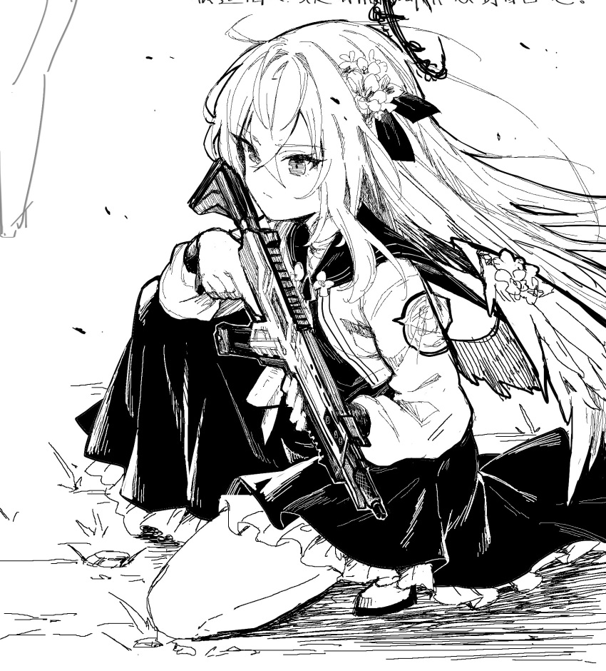 1girl apex_legends assault_rifle azusa_(blue_archive) blue_archive chinese_commentary chubb crossover dress flower grass greyscale gun hair_flower hair_ornament hair_ribbon halo highres jacket long_hair long_hair_between_eyes monochrome r-301_carbine ribbon rifle solo squatting trigger_discipline very_long_hair weapon wings