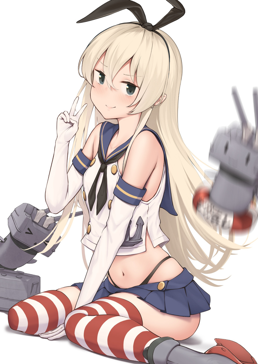 1girl absurdres ass black_neckerchief black_panties blonde_hair blue_sailor_collar blue_skirt blush closed_mouth crop_top driftkingtw elbow_gloves gloves grey_eyes hair_between_eyes highleg highleg_panties highres kantai_collection long_hair looking_at_viewer navel neckerchief panties pleated_skirt rensouhou-chan rudder_footwear sailor_collar shimakaze_(kancolle) simple_background skirt sleeveless smile striped_clothes striped_thighhighs thighhighs underwear v white_background white_gloves