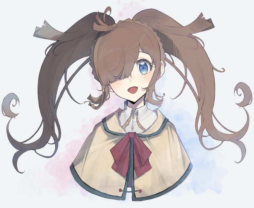 1girl :d absurdres ahoge amino_(li0a4) bad_id bad_twitter_id blue_eyes blunt_bangs brown_hair capelet collared_shirt cropped_torso grey_background hair_over_one_eye highres kiratto_pri_chan long_hair looking_at_viewer neck_ribbon nijinosaki_dia open_mouth pretty_series red_ribbon ribbon shirt sidelocks simple_background smile solo twintails upper_body white_shirt yellow_capelet