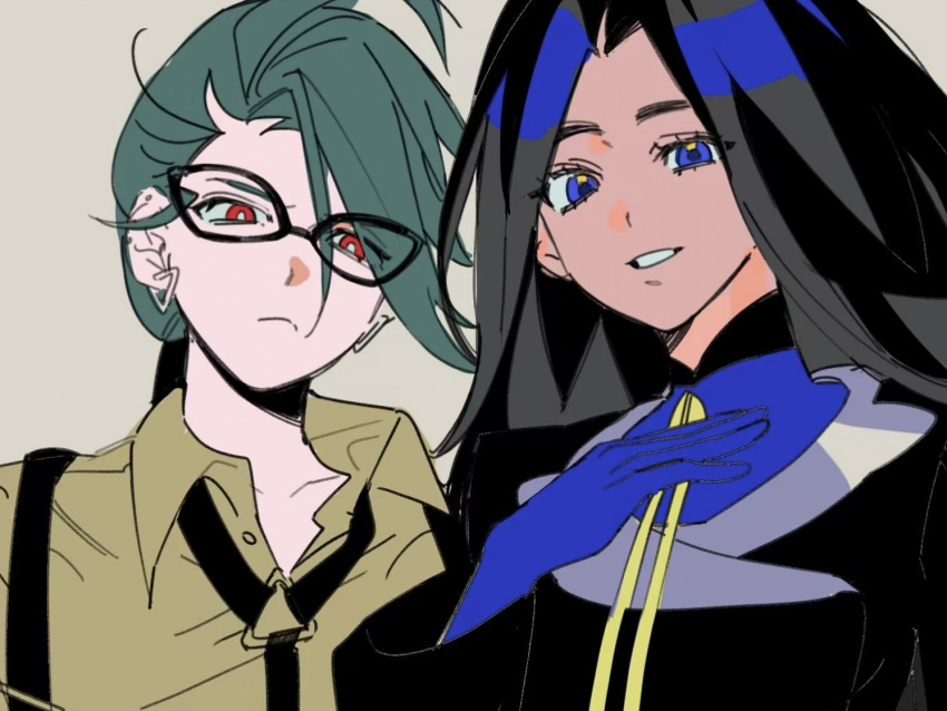 2girls black-framed_eyewear black_hair black_jacket black_necktie blue_eyes blue_gloves blue_shirt bright_pupils collared_shirt commentary_request earrings eyelashes geeta_(pokemon) glasses gloves green_hair hair_between_eyes hand_up jacket jewelry long_hair long_sleeves multiple_girls nanaasuzy_pk neck_ribbon necktie pokemon pokemon_sv red_eyes ribbon rika_(pokemon) shirt suspenders upper_body white_pupils yellow_ribbon