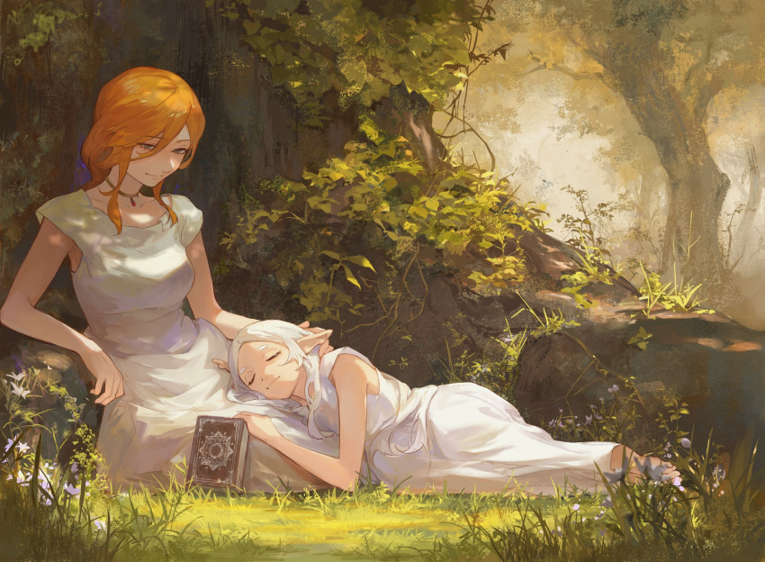 2girls book closed_eyes commentary_request dress elf flamme_(sousou_no_frieren) flower forest frieren full_body grass grimoire hair_down hand_on_another's_head headpat highres lap_pillow multiple_girls nature orange_hair outdoors pendant_choker pointy_ears sleeping smile sousou_no_frieren tree white_dress white_hair yoruirooo777