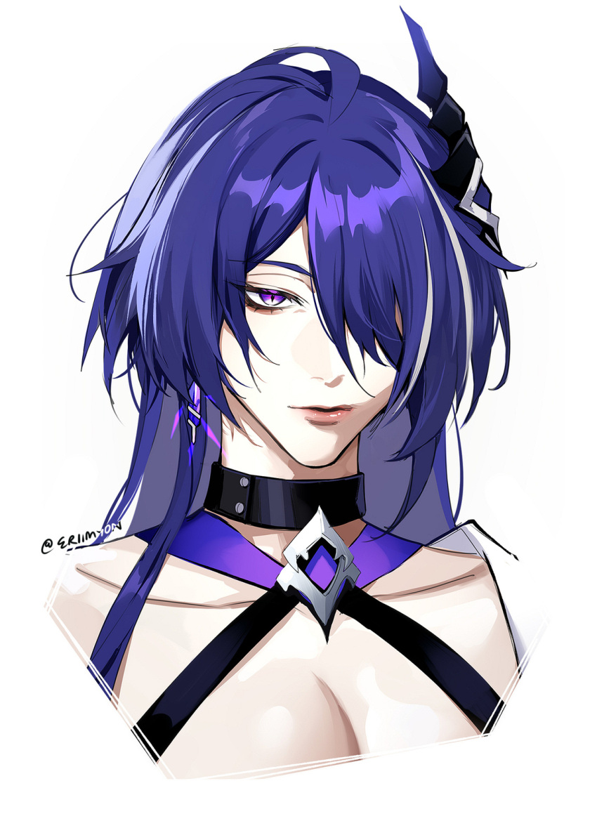 1girl acheron_(honkai:_star_rail) black_choker choker collarbone commentary eriimyon grey_hair hair_ornament halterneck highres honkai:_star_rail honkai_(series) multicolored_hair purple_eyes purple_hair simple_background solo streaked_hair white_background