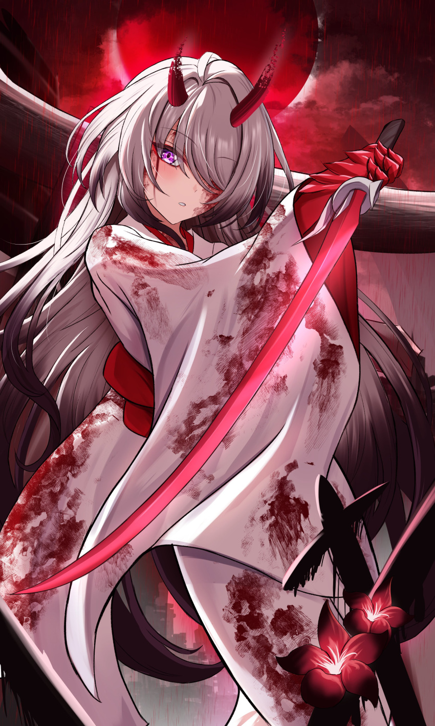 1girl absurdres acheron_(honkai:_star_rail) blood blood_on_clothes commentary flower grey_hair head_tilt highres holding holding_sword holding_weapon honkai:_star_rail honkai_(series) horns japanese_clothes katana kimono long_hair long_sleeves purple_eyes red_flower shouhaku0512 solo sword very_long_hair weapon white_kimono wide_sleeves