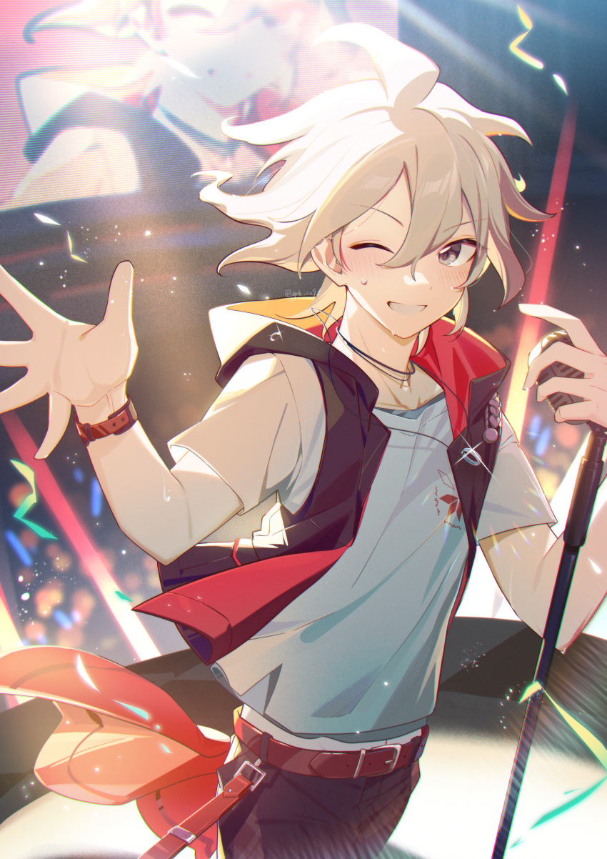 1boy ;d absurdres alternate_costume belt black_pants black_vest blush danganronpa_(series) danganronpa_2:_goodbye_despair grey_eyes grey_hair grin hair_between_eyes hands_up highres holding holding_microphone jewelry komaeda_nagito looking_at_viewer microphone microphone_stand midou_(grk12138) necklace one_eye_closed pants red_belt red_vest short_sleeves smile solo teeth vest