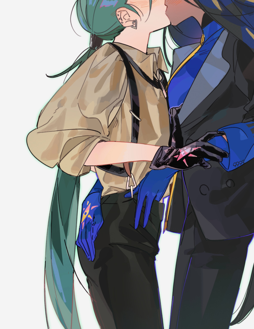 2girls black_jacket black_pants blue_gloves blue_shirt blush collared_shirt commentary_request earrings from_side geeta_(pokemon) gloves green_hair hand_in_another's_pants hand_on_another's_ass highres jacket jewelry kiss long_hair multiple_girls nanaasuzy_pk neck_ribbon pants pokemon pokemon_sv ponytail ribbon rika_(pokemon) shirt stud_earrings suspenders yellow_ribbon yuri