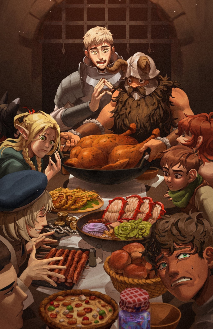 5boys 5girls armor beard black_hair blonde_hair braid bread brown_hair chilchuck_tims dark-skinned_male dark_skin drooling dungeon_meshi dwarf english_commentary facial_hair fake_horns falin_thorden fine_art_parody food freedom_from_want_(rockwell) frown green_eyes green_scarf haddockkkk hat helmet highres horned_helmet horns indoors izutsumi jam kabru laios_thorden marcille_donato multiple_boys multiple_girls namari_(dungeon_meshi) parody pointy_ears scarf senshi_(dungeon_meshi) shurou skewer steepled_fingers treasure_bug_(dungeon_meshi) turkey_(food)