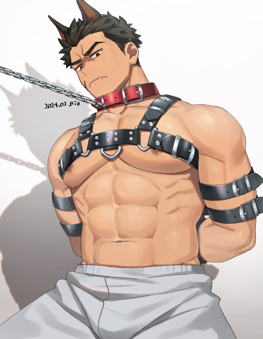 1boy abs animal_ears bara bdsm biceps bondage bound brown_eyes brown_hair chain chain_leash chest_harness closed_mouth collar fangs frown harness highres leash male_focus muscular muscular_male nipples original pants pectorals restrained rio_mukiniki scar scar_on_cheek scar_on_face shadow simple_background sweatpants thick_eyebrows white_background