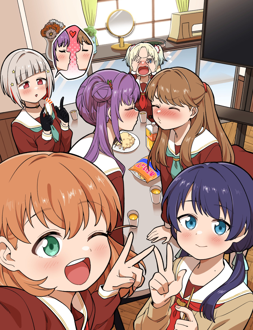 6+girls absurdres aqua_eyes black_choker black_gloves blonde_hair blue_eyes blue_hair blush brown_cardigan brown_dress brown_hair cardigan chips_(food) choker closed_mouth commentary_request covering_own_eyes cup dress facing_another fang food fujishima_megumi gloves green_neckerchief grey_hair half_gloves hasu_no_sora_school_uniform highres hinoshita_kaho imminent_kiss indoors koaraya link!_like!_love_live! long_hair long_sleeves looking_at_another looking_at_viewer love_live! mirror monitor multiple_girls murano_sayaka neckerchief one_eye_closed open_cardigan open_clothes open_mouth orange_hair osawa_rurino otomune_kozue peeking_through_fingers pink_eyes puckered_lips purple_hair red_hair red_neckerchief sailor_collar school_uniform short_hair side_ponytail sidelocks twintails upper_body v v-shaped_eyebrows virtual_youtuber w white_sailor_collar winter_uniform yugiri_tsuzuri yuri