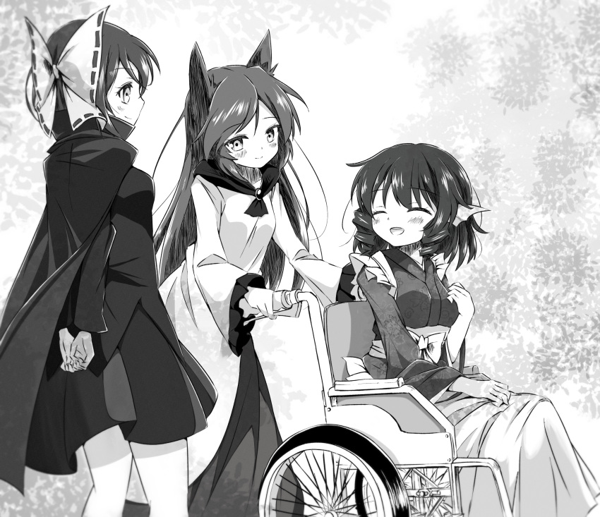 3girls animal_ears arms_behind_back blush cape closed_eyes closed_mouth commentary_request dress drill_hair drill_sidelocks fins frilled_kimono frills grass_root_youkai_network greyscale head_fins highres imaizumi_kagerou japanese_clothes kimono long_hair long_sleeves monochrome multiple_girls obi open_mouth ribbon-trimmed_bow sash sekibanki sidelocks skirt smile touhou tsuukinkaisoku_oomiya very_long_hair wakasagihime wheelchair wide_sleeves wolf_ears