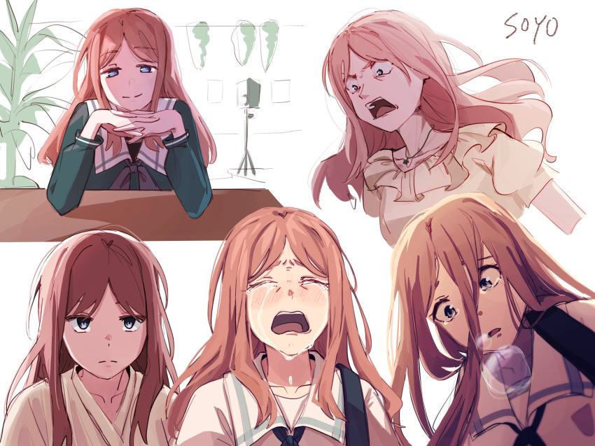 1girl bang_dream! bang_dream!_it's_mygo!!!!! blue_eyes breath brown_hair character_name closed_mouth commentary crying egakuning english_commentary frilled_shirt frills gendou_pose green_shirt grey_ribbon highres long_hair long_sleeves nagasaki_soyo neck_ribbon open_mouth own_hands_clasped own_hands_together plant potted_plant ribbon school_uniform shirt short_sleeves shoulder_strap simple_background smile sobbing tearing_up tears tsukinomori_school_uniform white_background white_shirt yellow_shirt