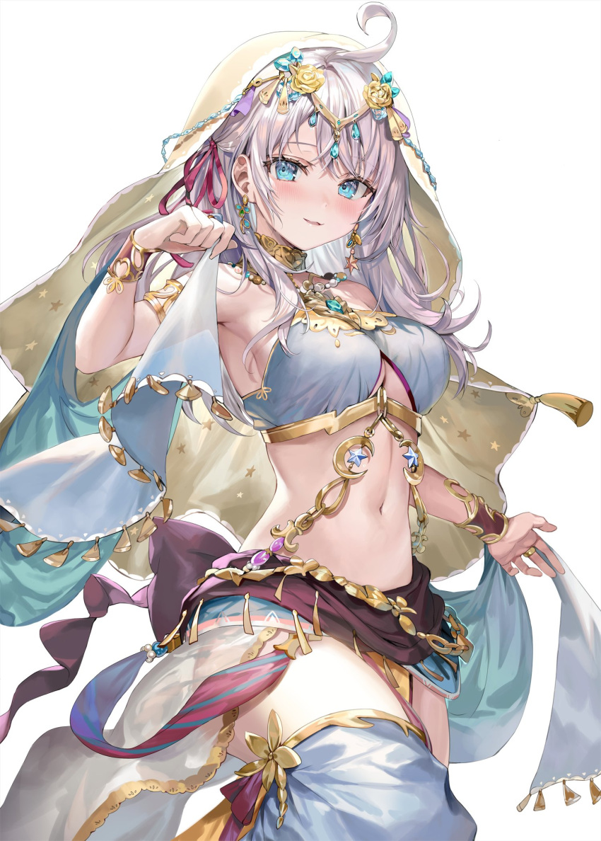 1girl :3 ahoge alisa_mikhailovna_kujou arm_up armlet bare_shoulders blue_eyes blush bracer breasts circlet cowboy_shot crop_top earrings gold_ring gold_trim grey_hair hair_between_eyes hair_ribbon hand_up harem_outfit highres jewelry large_breasts long_hair looking_at_viewer momoko_(momopoco) navel neck_ring official_art parted_lips pelvic_curtain red_ribbon ribbon ring see-through simple_background skirt smile solo standing star_(symbol) star_print stomach tassel tokidoki_bosotto_roshia-go_de_dereru_tonari_no_arya-san veil white_background