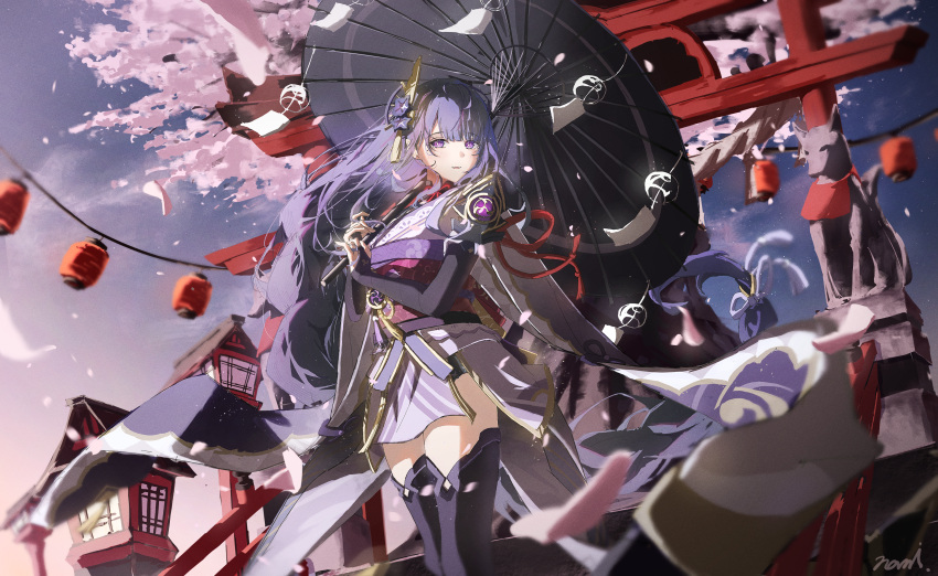 1girl absurdres blunt_bangs cherry_blossoms genshin_impact highres holding holding_umbrella japanese_clothes kimono long_hair namito_nami outdoors parasol purple_eyes purple_hair purple_kimono purple_shorts purple_thighhighs raiden_shogun short_kimono shorts signature solo statue thighhighs torii tree umbrella