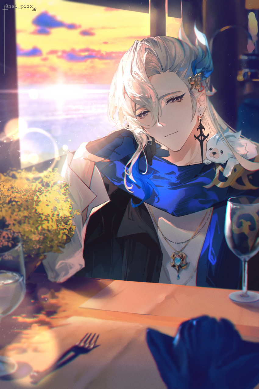 1boy animal_on_shoulder asymmetrical_bangs blue_scarf blurry blurry_background closed_mouth cup drinking_glass earrings genshin_impact gloves grey_hair hair_between_eyes hair_ornament half_gloves highres jewelry leisurely_otter_(genshin_impact) long_hair long_sleeves looking_at_viewer male_focus nai_pizx napkin necklace neuvillette_(genshin_impact) ocean pendant pointy_ears scarf shirt sidelocks sitting sunlight table twitter_username white_shirt wine_glass