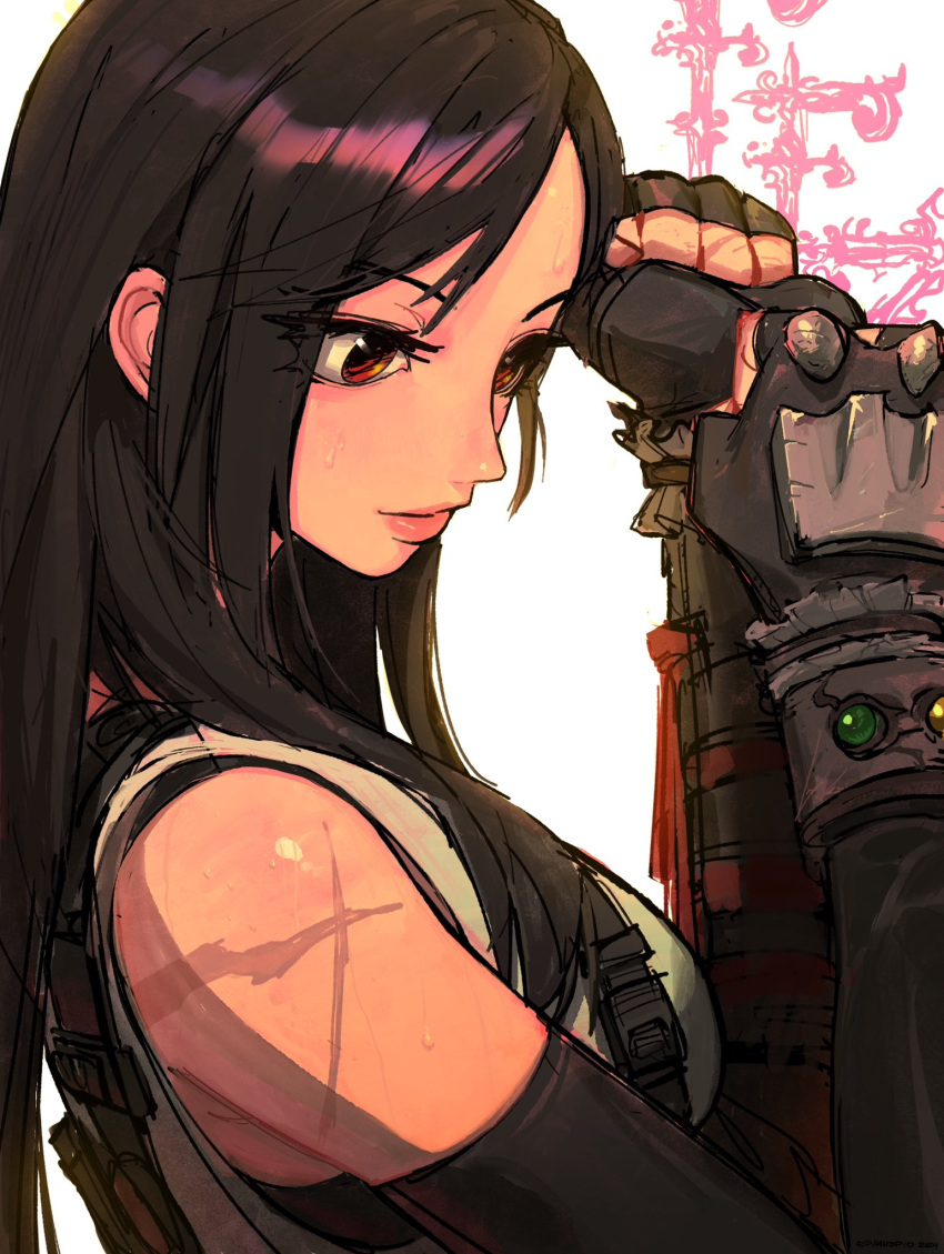 1girl black_gloves black_hair black_sports_bra clenched_hand closed_mouth edpan elbow_gloves final_fantasy final_fantasy_vii final_fantasy_vii_remake from_side gloves hands_up highres lips long_hair pink_lips red_eyes scar_on_shoulder simple_background solo sports_bra straight_hair sweat tank_top tifa_lockhart upper_body white_background white_tank_top