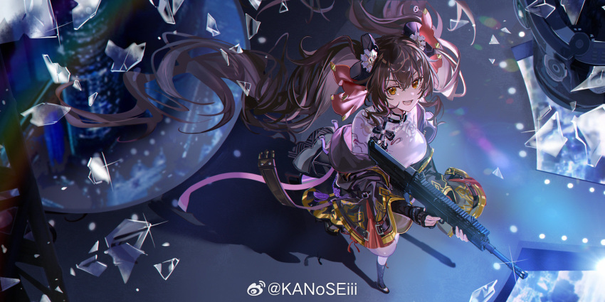1girl :d assault_rifle black_footwear black_gloves black_jacket boots bow breasts broken_glass brown_eyes brown_hair dark_background fingerless_gloves floating_hair from_above full_body girls'_frontline girls'_frontline_2:_exilium glass glass_shards gloves gun hair_bow highres hitokoto holding holding_gun holding_weapon jacket knee_boots leg_up long_hair looking_at_viewer medium_breasts off_shoulder qbz-97 red_bow rifle shadow shirt smile solo standing standing_on_one_leg thighhighs twintails type_97_(girls'_frontline) very_long_hair weapon weibo_logo weibo_username white_shirt white_thighhighs wide_sleeves