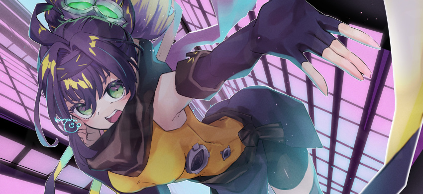 1girl absurdres ahoge bare_shoulders black_hair blonde_hair breasts duel_monster elbow_gloves forehead_protector gloves gradient_hair green_eyes highres large_breasts multicolored_hair nimm_2626 ponytail s-force_rappa_chiyomaru s:p_little_knight scarf sleeveless sleeveless_turtleneck solo thighhighs turtleneck yu-gi-oh!