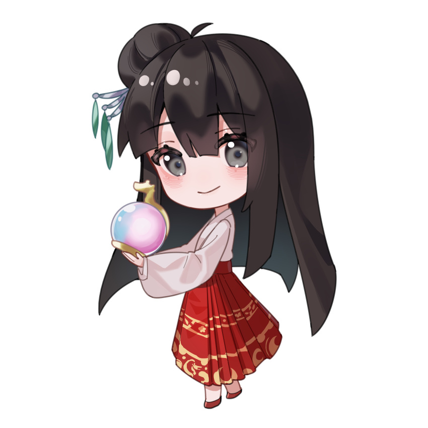 1girl absurdres ailu_elf black_eyes black_hair chibi chinese_commentary closed_mouth commentary_request eyes_visible_through_hair hakama hakama_skirt highres houraisan_kaguya japanese_clothes kimono long_hair long_skirt long_sleeves no_nose red_footwear simple_background skirt smile solo touhou white_background white_kimono wide_sleeves