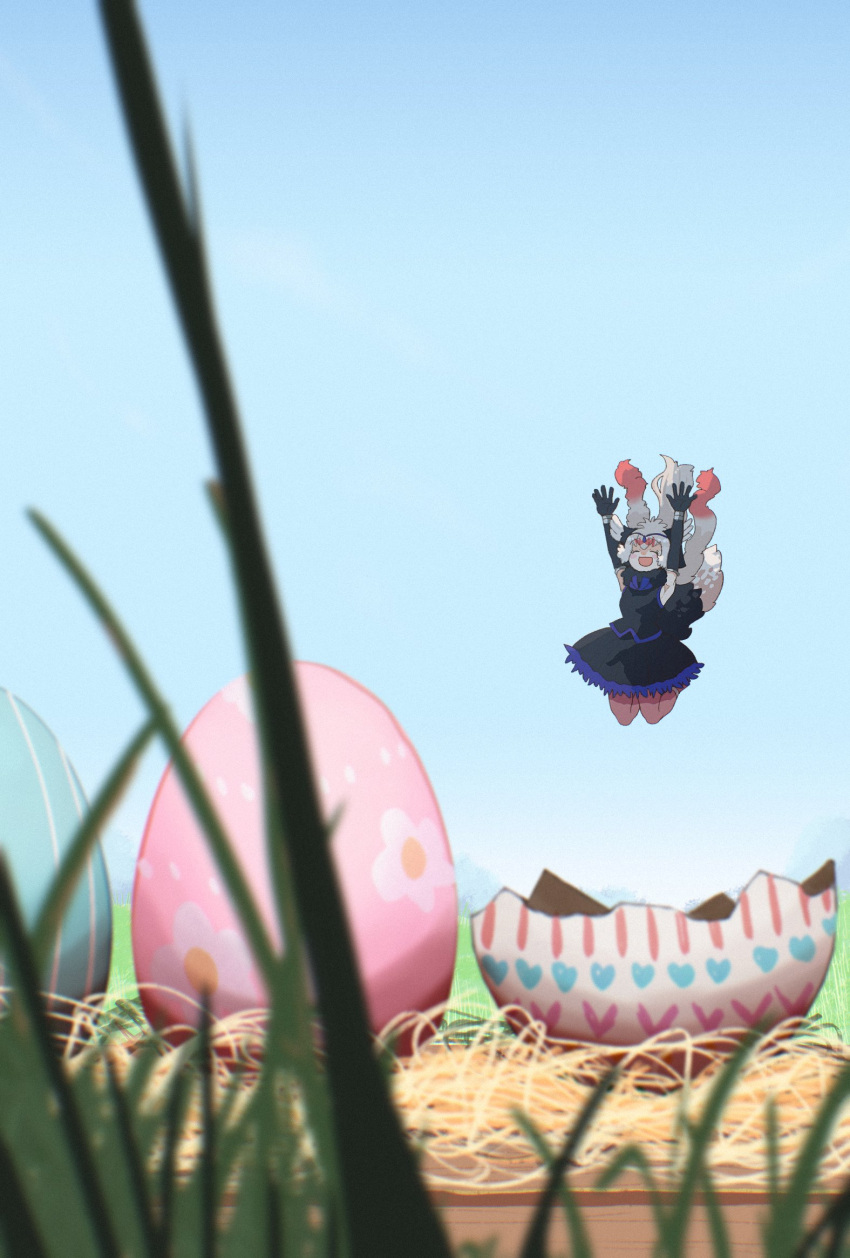 1girl bare_shoulders bird_girl bird_tail bird_wings black_dress black_gloves blue_dress dress easter_egg egg elbow_gloves forced_perspective frilled_dress frills gloves hair_between_eyes head_chain head_wings highres jumping kemono_friends midair multicolored_hair ookii_yama ostrich_(kemono_friends) pantyhose red_hair red_pantyhose red_scarf scarf short_hair sidelocks sleeveless solo tail two-tone_dress two-tone_scarf white_hair white_scarf wings