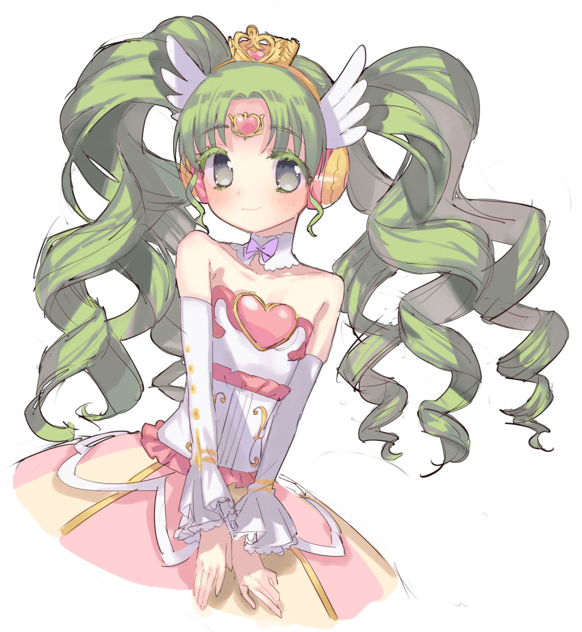 1girl bad_id bad_pixiv_id bare_shoulders closed_mouth colored_eyelashes cowboy_shot cropped_legs crown detached_sleeves dress falulu falulu_(awakened) forehead_jewel green_hair grey_eyes headphones heath_(artist) highres idol_clothes long_hair looking_at_viewer mini_crown parted_bangs pretty_series pripara sidelocks simple_background smile solo standing strapless strapless_dress twintails very_long_hair white_background white_dress wing_hair_ornament