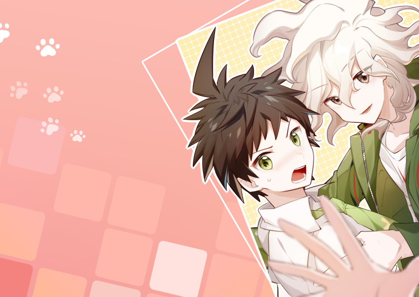 2boys :d absurdres ahoge brown_eyes collared_shirt d: danganronpa_(series) danganronpa_2:_goodbye_despair green_jacket grey_hair highres hinata_hajime jacket komaeda_nagito lower_teeth_only messy_hair midou_(grk12138) multiple_boys open_clothes open_jacket paw_print pink_background shirt smile sweatdrop teeth upper_body white_shirt