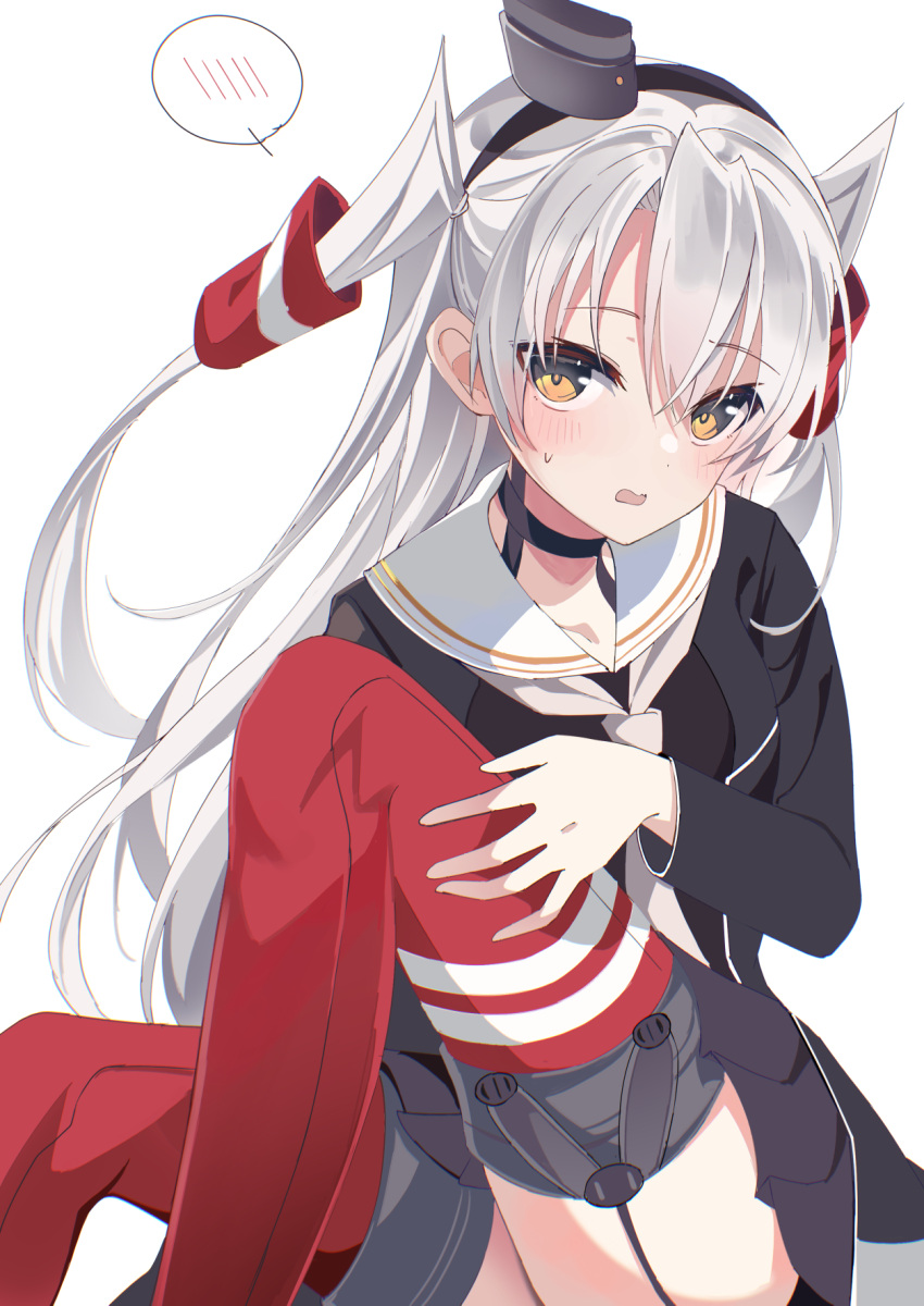 1girl amatsukaze_(kancolle) amatsukaze_kai_ni_(kancolle) black_dress blush dress fathom garter_straps gloves grey_hair hair_between_eyes hair_tubes highres kantai_collection long_hair long_sleeves open_mouth orange_eyes red_thighhighs sailor_collar sailor_dress simple_background solo spoken_blush thighhighs thighs two_side_up white_background white_gloves white_sailor_collar