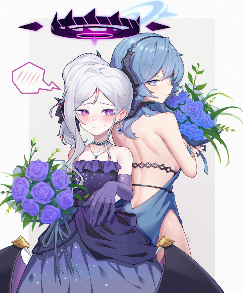 2girls absurdres ako_(blue_archive) ako_(dress)_(blue_archive) back-to-back backless_outfit bare_back bare_shoulders blue_archive blue_dress blue_flower blue_rose blush bouquet bow breasts collarbone commentary_request dangle_earrings demon_girl demon_horns demon_wings dress earrings elbow_gloves evening_gown flower gloves hair_between_eyes hair_bow hair_ribbon hairband halo head_tilt highres hina_(blue_archive) hina_(dress)_(blue_archive) holding holding_bouquet horns jewelry long_hair looking_at_viewer looking_back multiple_girls necklace nishiki_(952451321) official_alternate_costume official_alternate_hairstyle parted_bangs pearl_necklace pendant ponytail purple_dress purple_eyes purple_flower purple_gloves purple_rose reaching reaching_towards_viewer ribbon rose shoulder_blades sideboob sidelocks simple_background spoken_blush strapless strapless_dress sweatdrop wavy_hair white_background white_hair wings