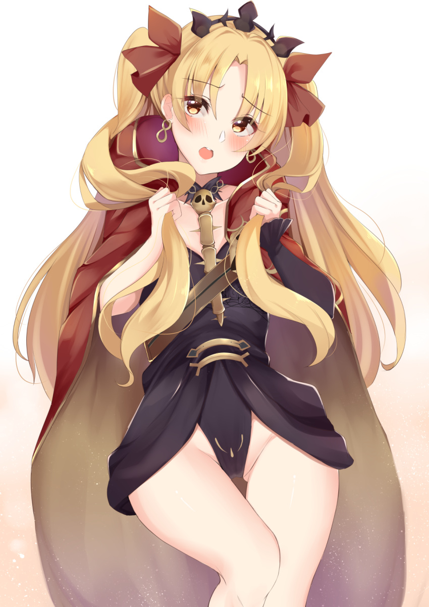 1girl :o ashino bangs bare_legs blush cloak collarbone commentary_request earrings ereshkigal_(fate/grand_order) eyebrows_visible_through_hair fading fate_(series) feet_out_of_frame forehead furrowed_eyebrows gold_earrings gold_trim groin hair_ribbon hands_in_hair hands_up head_tilt highleg highres hood hood_down hood_pull hooded_cloak jewelry long_hair looking_at_viewer mismatched_eyebrows open_mouth pale_skin parted_bangs red_cloak red_eyes red_ribbon ribbon solo thigh_gap tiara wide_hips widow's_peak yellow_eyes