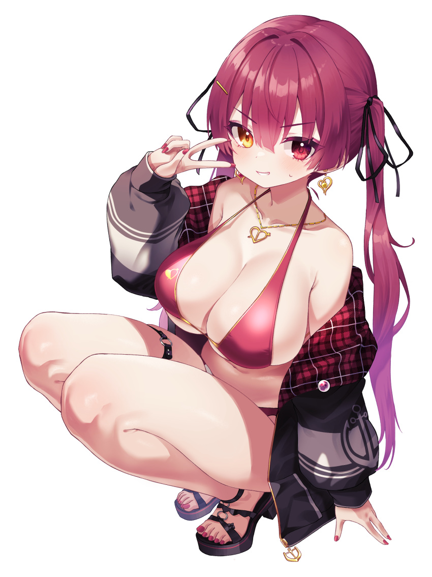 1girl absurdres bare_legs bikini black_jacket breasts cleavage dot_nose full_body grin gyoza_(pixiv17855879) hair_ribbon halterneck heterochromia highres hololive houshou_marine jacket jewelry large_breasts leg_belt legs_together long_hair looking_at_viewer nail_polish necklace off_shoulder red_bikini red_eyes red_hair red_nails ribbon simple_background smile solo squatting sweatdrop swimsuit tareme toeless_footwear toenail_polish toenails twintails v v-shaped_eyebrows virtual_youtuber white_background yellow_eyes