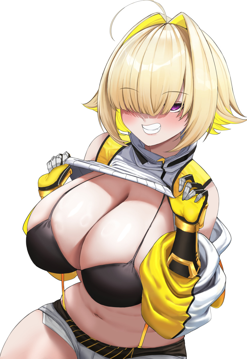 1girl absurdres ahoge black_bra blonde_hair bra breasts cleavage clothes_lift colored_inner_hair commentary elegg_(nikke) exposed_pocket gloves goddess_of_victory:_nikke grey_shorts grin hair_intakes hair_over_eyes hands_up highres huge_breasts lifted_by_self long_sleeves micro_shorts mikkom multicolored_hair navel one_eye_covered plump purple_eyes shorts simple_background smile solo suspender_shorts suspenders sweater sweater_lift two-tone_hair underwear white_background white_sweater