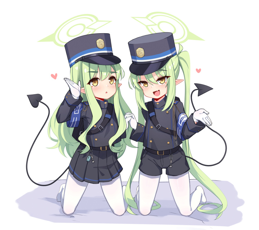 2girls absurdres armband black_hat black_tail blue_archive blue_armband blush demon_tail gloves green_hair green_halo halo highlander_sidelocks_conductor_(blue_archive) highlander_twintails_conductor_(blue_archive) highres kneeling long_hair looking_at_viewer luxuriou_s mesugaki multiple_girls open_mouth pantyhose pointy_ears siblings tail twins white_gloves white_pantyhose