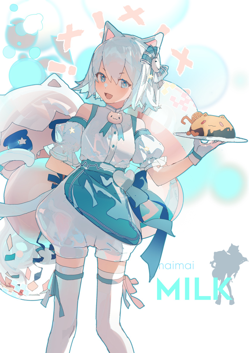 ! 1girl :d absurdres animal_ears apron aqua_ribbon arm_behind_back bare_shoulders blue_eyes bow cat_ears cat_girl cat_tail character_name copyright_name detached_sleeves food fruit gloves hair_bow highres holding holding_plate holding_tray leg_ribbon lobelia_(saclia) looking_at_viewer maimai_(game) milk_(maimai) open_mouth orange_(fruit) orange_slice plate puffy_shorts puffy_sleeves ribbon shirt short_hair short_sleeves shorts smile solo standing tail thigh_ribbon thighhighs tray virtual_youtuber white_background white_gloves white_hair white_shirt white_thighhighs x zettai_ryouiki