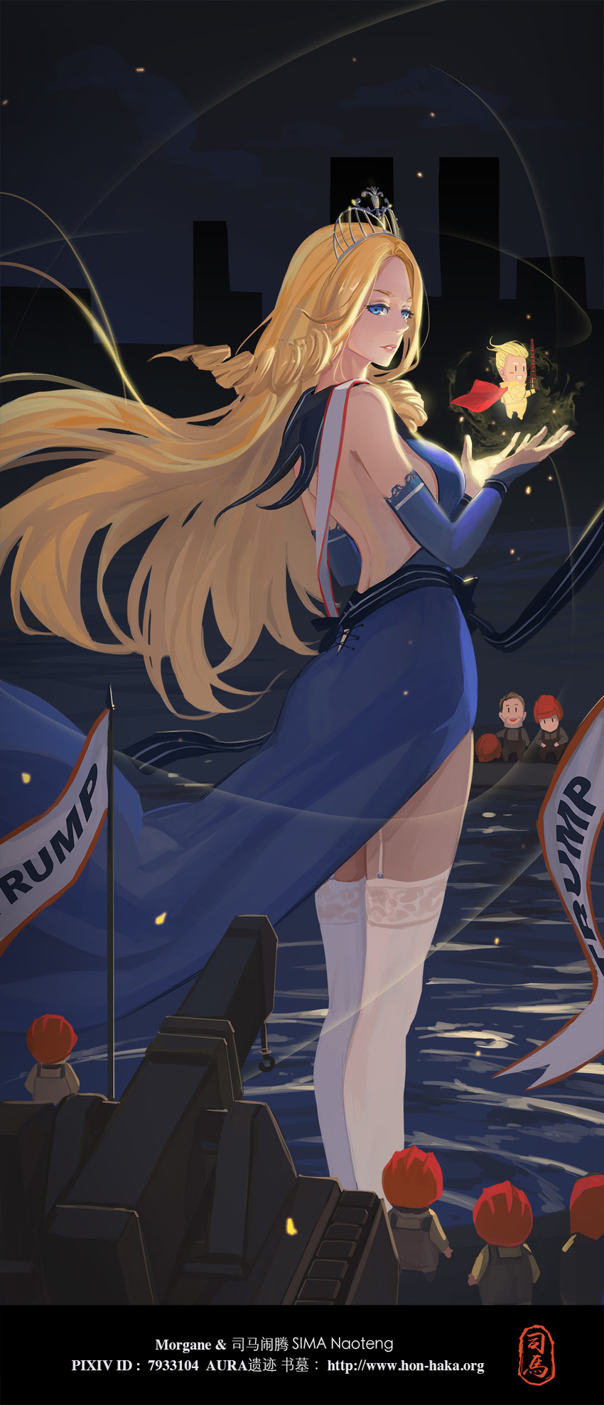 absurdres blonde_hair blue_dress blue_eyes breasts bridal_gauntlets building commentary cosplay crane donald_trump dress drill_hair fate_(series) flag garter_straps gilgamesh gilgamesh_(cosplay) highres large_breasts long_hair looking_at_viewer new_jersey_(pacific) night night_sky pacific real_life real_life_insert sima_naoteng sky skyscraper standing standing_on_liquid thighhighs tiara very_long_hair water white_legwear