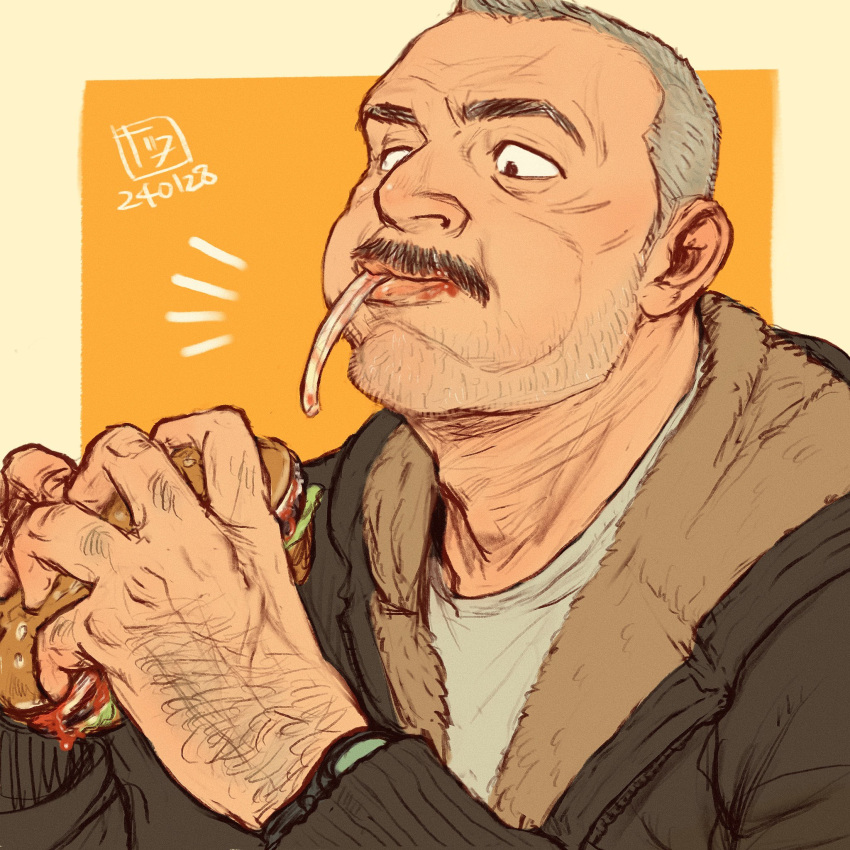 1boy aaron_gruber_(o_natsuo88) bara beard_stubble eating facial_hair food food_on_face grey_hair hand_hair highres holding holding_food jacket male_focus mature_male mustache notice_lines o_natsuo88 old old_man original receding_hairline scar scar_on_cheek scar_on_face shirt short_hair simple_background solo stubble thick_eyebrows thick_mustache upper_body wrinkled_skin yellow_background