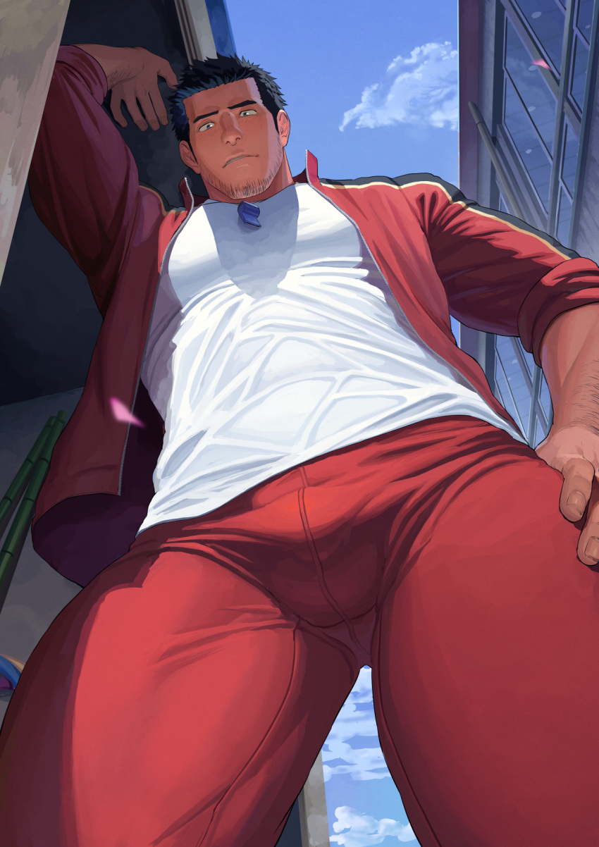 1boy bara black_hair closed_mouth cloud dainyuu_(dgls) day facial_hair highres jacket large_pectorals looking_at_viewer male_focus muscular muscular_male open_clothes open_jacket original outdoors pants pectorals red_jacket red_pants shirt short_hair sky solo whistle whistle_around_neck white_shirt