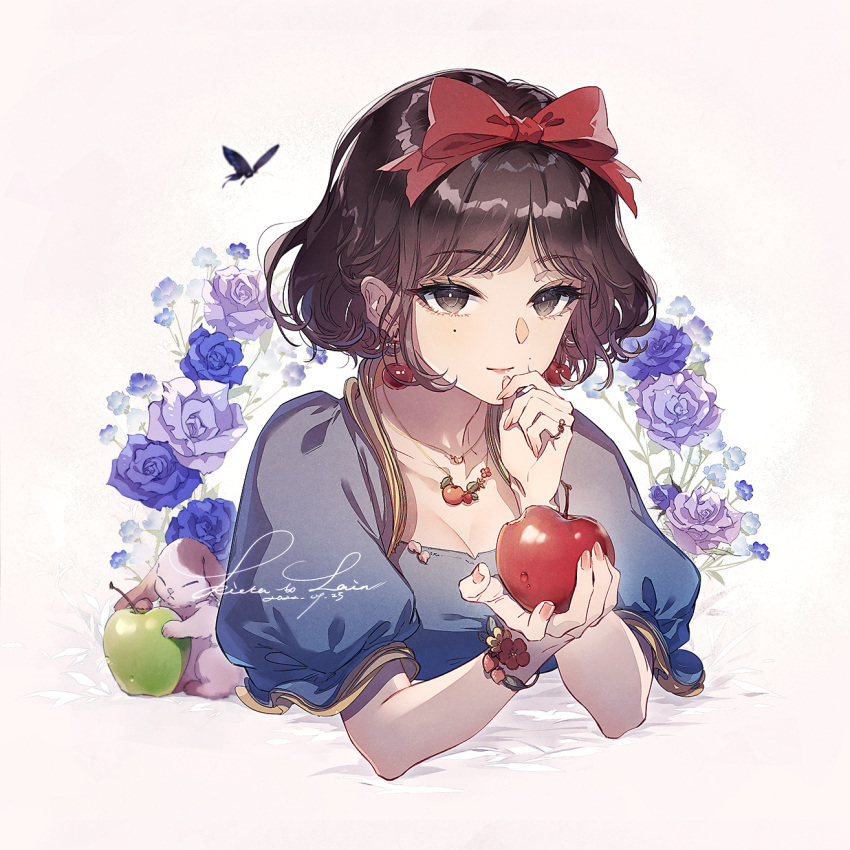 1girl animal apple black_butterfly blue_dress blue_flower bow bracelet breasts brown_eyes brown_hair bug butterfly cleavage collarbone dress earrings flower food fruit green_apple hair_bow hand_up highres holding holding_food holding_fruit jewelry kieta looking_at_viewer medium_breasts mole mole_under_eye nail_polish necklace parted_lips puffy_short_sleeves puffy_sleeves purple_flower rabbit red_apple red_bow ring rose short_hair short_sleeves signature small_breasts smile snow_white snow_white_(grimm) solo upper_body white_background