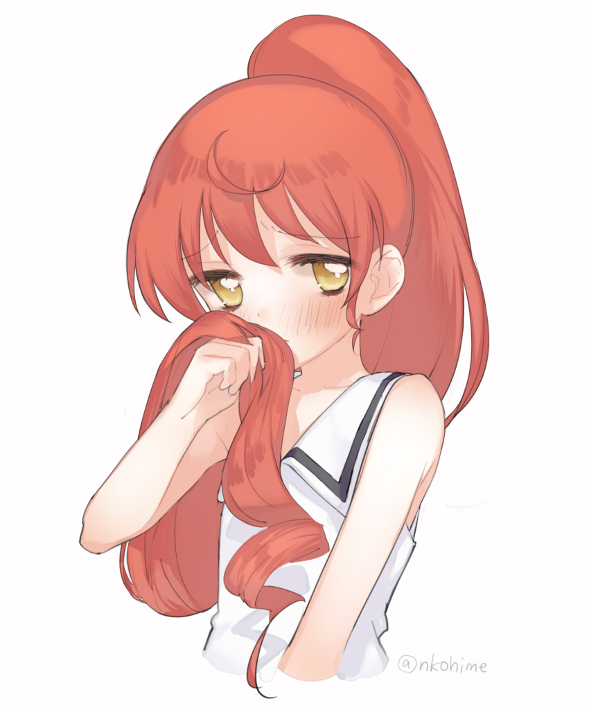 1girl bad_id bad_pixiv_id bare_shoulders blush cropped_torso hand_up heath_(artist) highres holding_own_hair long_hair looking_at_viewer ponytail pretty_series pripara red_hair shiratama_mikan shirt sidelocks simple_background sleeveless sleeveless_shirt upper_body very_long_hair white_background white_shirt yellow_eyes