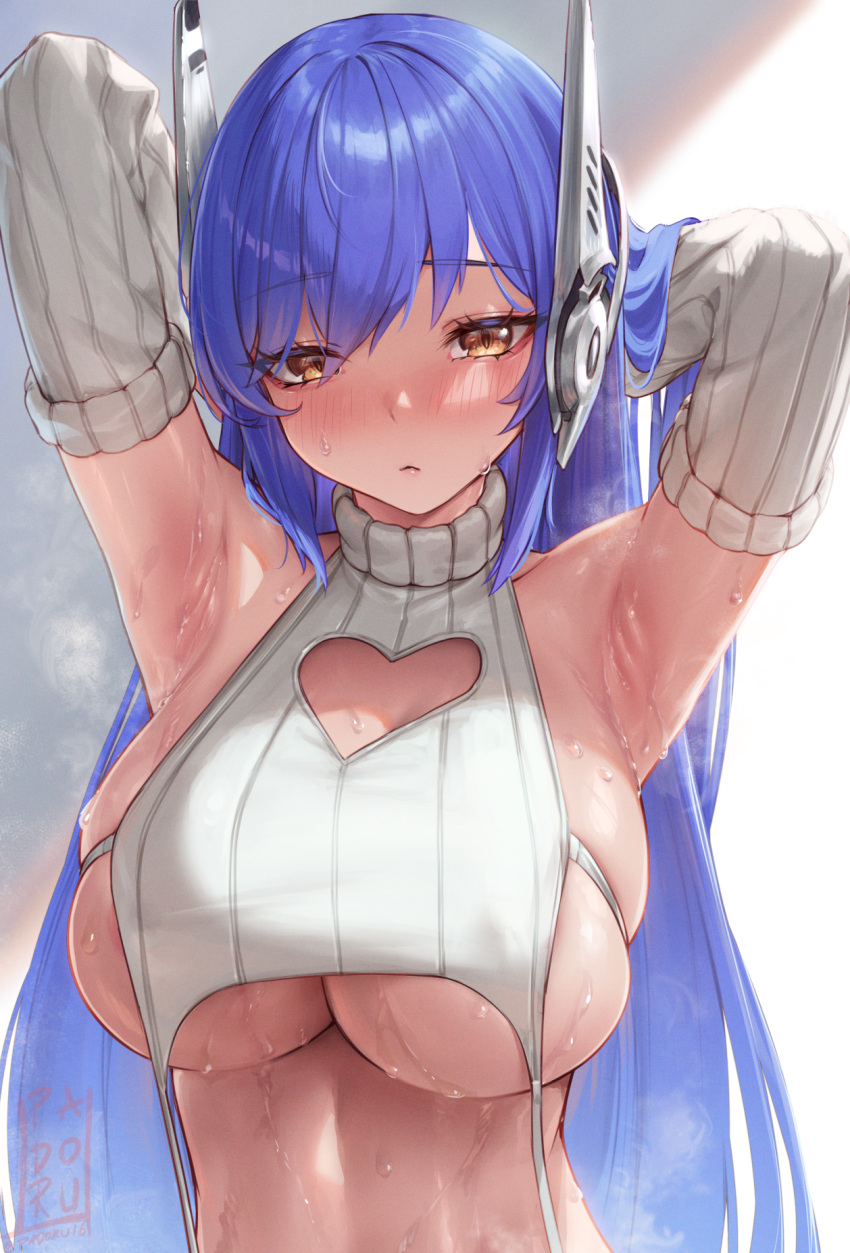 1girl :&lt; armpits arms_behind_head arms_up blue_hair blush breasts cleavage_cutout clothing_cutout detached_sleeves english_commentary garter_straps girls'_frontline hair_lift headgear heart_cutout highres large_breasts long_hair looking_at_viewer meme_attire mixed-language_commentary padoruu paid_reward_available presenting_armpit ribbed_sleeves ribbed_sweater sideboob simple_background skindentation solo steaming_body sweat sweater tar-21_(girls'_frontline) turtleneck turtleneck_sweater underboob undersized_clothes upper_body very_sweaty virgin_destroyer_sweater white_background white_sleeves yellow_eyes